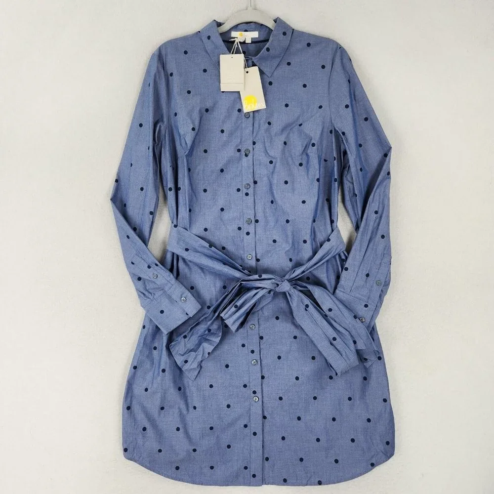 Boden Dress Womens 10 Blue Polka Tie Waist Button Front Modern Shirt Dress NEW - Picture 1 of 12